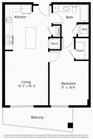 Floor plan for 1 bed, 1 bath, 665 sqft